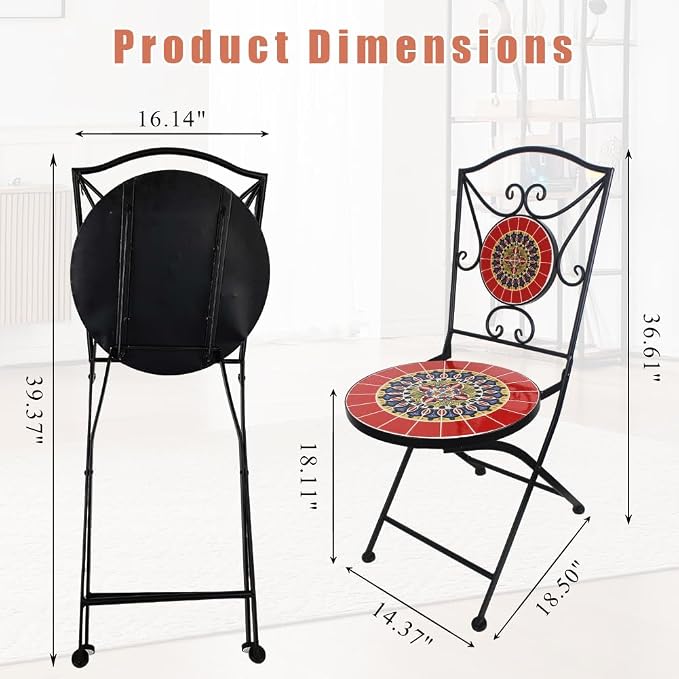 3 Piece Bistro Sets Mosaic Tile Round Table Folding Chairs Garden | Set of 3 Patio Furniture 23.6" Table and 2 Chairs Outdoor Bistro Chairs Artistic Table for Balcony Porch Apartment Backyard