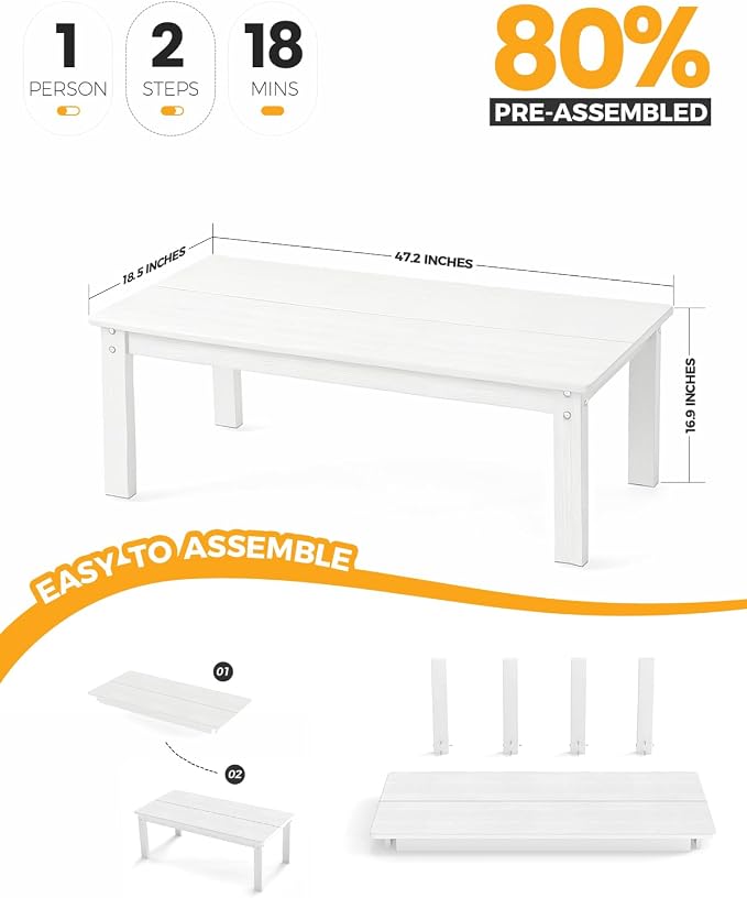 nevilywood Adirondack Coffee Table, White, 47.3" x 22.7" x 17"