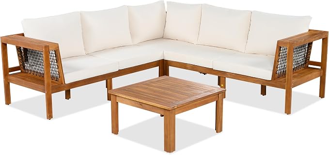JIVOIT Acacia Wood Sofa Set, 4 Pieces Outdoor Conversation Set with Coffee Table, L-Shaped Patio Furniture Sofa with Woven Mesh Armrests, Cushions and Side Table, Adjustable Foots