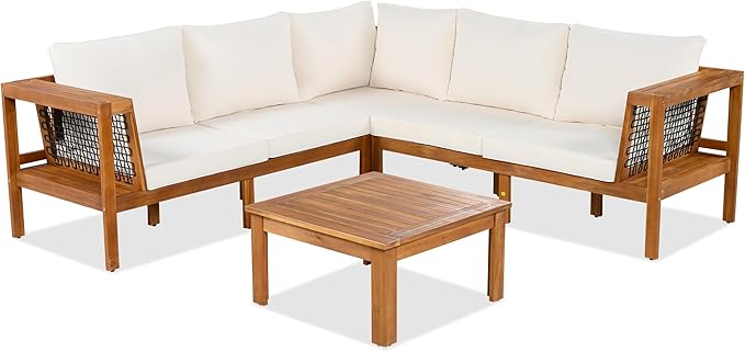 4 Piece Outdoor Acacia Wood Patio Sofa Set, L Shaped Conversation Seating with Woven Rope Armrests, Coffee Table, Cushions & Pillows, Modern Garden Furniture for Backyard, Balcony, Deck, Poolside