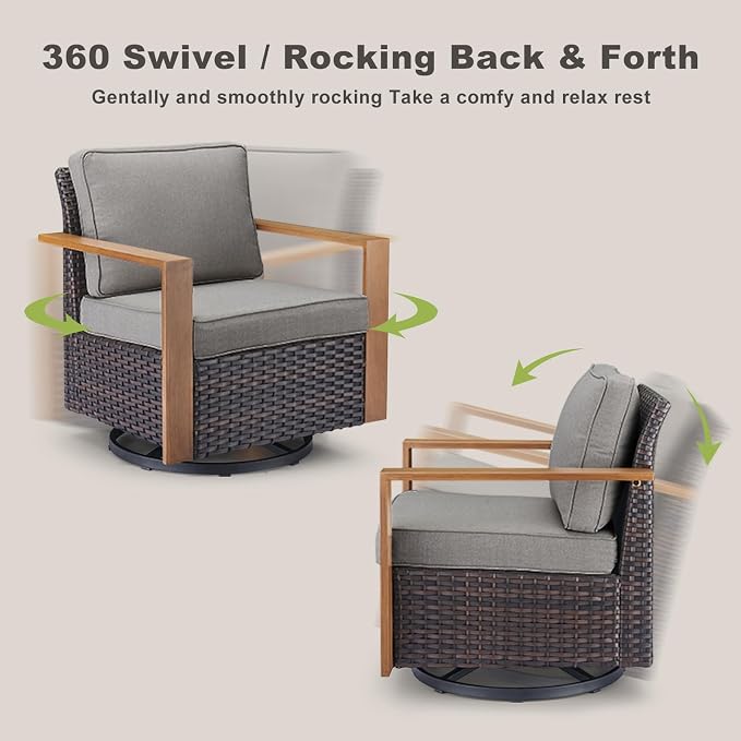 Rilyson Outdoor Wicker Patio Furniture Set - 8 Piece Patio Conversation Set with 4 Wicker Swivel Rocker Chairs,2 Rattan Ottoman 1 Side Table and 1 Couch,Thick Cushions,Deep Seating(Brown/Grey)