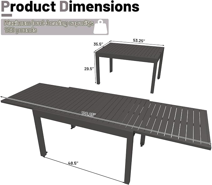 All Aluminum Expandable Patio Dining Table for 6-8 People, Extendable Outdoor Dining Room Table, All Weather Patio Furniture, Rectangular Metal Table with Adjustable Width 53"- 106", Dark Brown