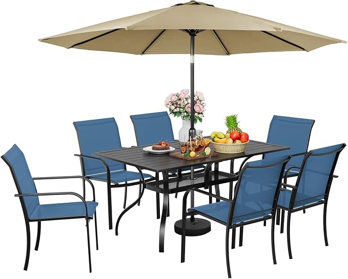 7-Piece Patio Dining Set with Umbrella,6 Person Outdoor Table and Chairs Set, 6 Metal Dining Chairs and Rectangular Outdoor Table with 1.57" Umbrella Hole,Blue