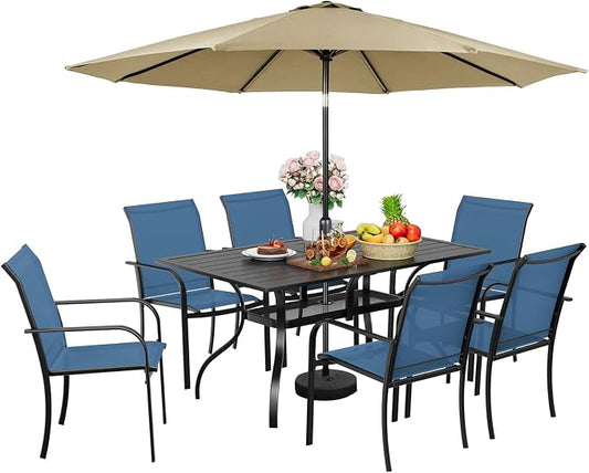 7-Piece Patio Dining Set with Umbrella,6 Person Outdoor Table and Chairs Set, 6 Metal Dining Chairs and Rectangular Outdoor Table with 1.57" Umbrella Hole,Blue