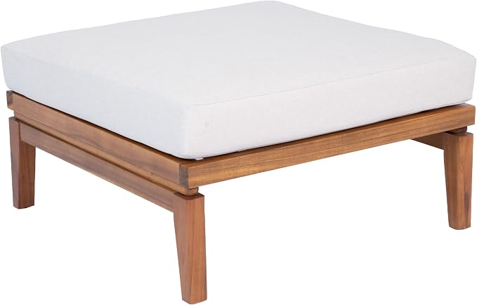 Merax Patio Outdoor Acacia Wood Ottoman, 27.56" Square Footrest with Water-Repellent Beige Cushion, Teak Finish Patio Ottoman Foot Stool for Backyard, Lawn, Balcony, Teak+ Beige