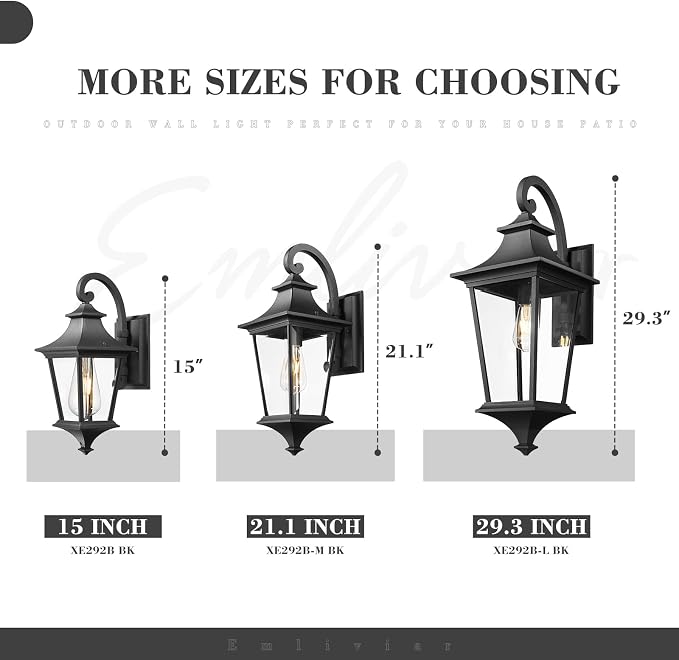 Emliviar Outdoor Porch Light, 21.1 Inch Modern Outdoor Wall Light for House Porch, Clear Glass in Black Finish, XE292B-M BK