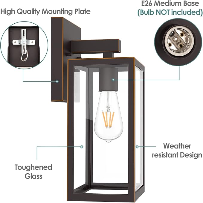 MAXvolador Outdoor Wall Sconce, Large Exterior Waterproof Wall Lantern Light Fixture, Oil Rubbed Bronze Porch Lights, Anti-Rust E26 Patio Lighting, 2 Pack | Large Oil Rubbed Bronze Porch Wall Light, Anti-Rust, E26 Socket, Clear Glass Outside Wall Mount...