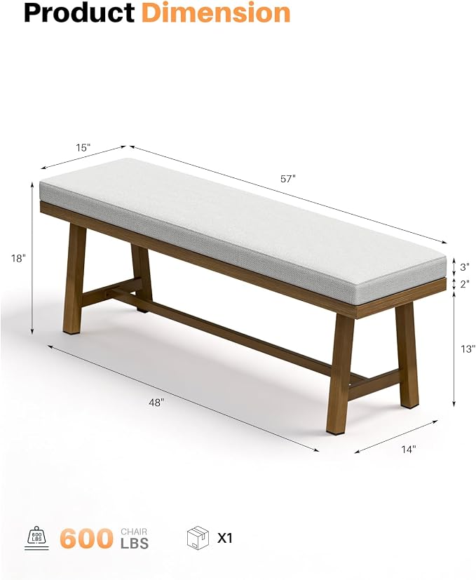 Teak Outdoor Patio Bench for 2 Person, Never-Rust Aluminum 57'' Backless Outdoor Bench with Removable Cushion, Weather-Resistant Outside Dining Benches for Porch, Deck, Garden, Backyard