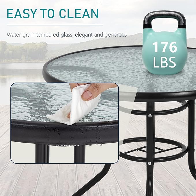 Premium Square Patio Table with 2 In Umbrella Hole,32 In Tempered Glass Top,Outdoor Coffee Table for Patio,Balcony, Backyard,Poolside,and Sunroom - Small Patio Table with Umbrella Hole (Round)