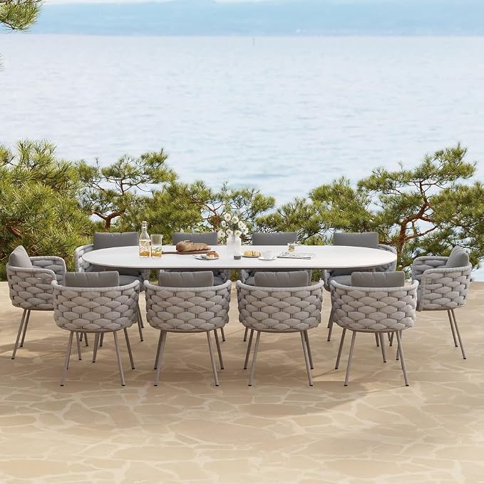 11-Piece Outdoor Dining Set - 94.5'' Sintered Stone Top Dining Table with 10 Rope Woven Armchairs, Aluminum Frame, Cushions for Patio, Garden, and Outdoor Dining