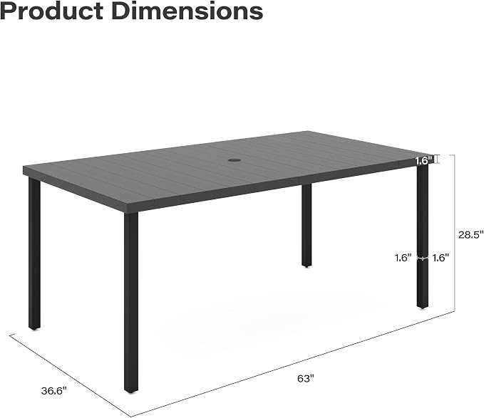 LAUSAINT HOME Outdoor Dining Table for 6, Rectangular Table with Umbrella Hole, Weather Resistant Heavy Duty Metal Frame Table for Lawn Garden Backyard, L63 xW37 xH29