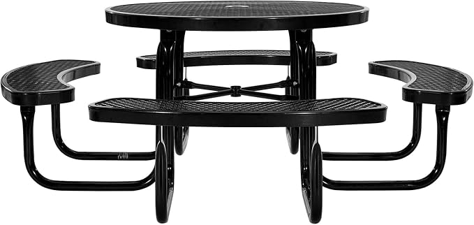 VEVOR Heavy-Duty Picnic Table, Outdoor Furniture Weather Resistant Patio Dining Set, Coated Steel Tables with Umbrella Hole, 46" Round Table and Bench Set, for Garden, Backyard, Porch (Black)
