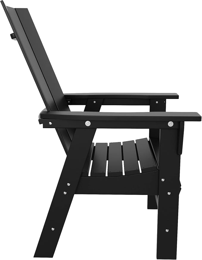 WestinTrends Ashore 6 Pieces Adirondack Patio Dining Set with Bench, All Weather Poly Lumber Slatted Outdoor Furniture Set, 71" Trestle Table and 4 Adirondack Chair and Outdoor Bench, Black