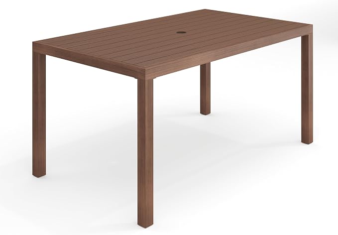 Martha Stewart Bedford 62" Indoor-Outdoor Aluminum Patio Table with Umbrella Hole and Brushed Woodgrain Finish in Brown