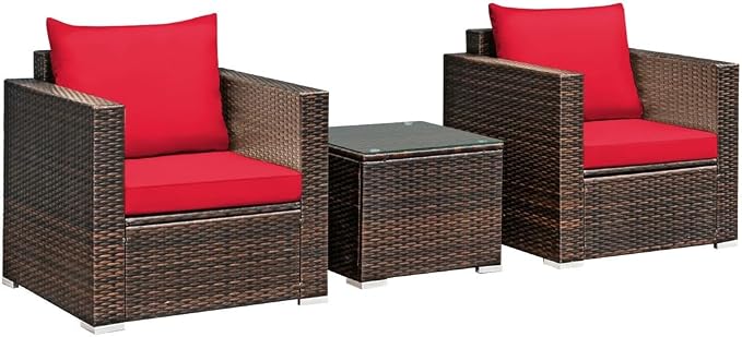 3PCS Patio Rattan Furniture Set Conversation Sofa Cushioned Garden Red