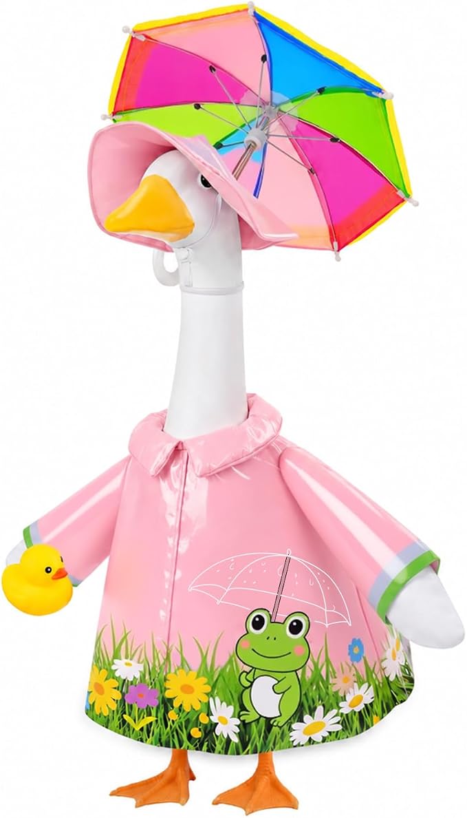GJL Porch Goose Raincoat Outfit Fits 23 Inch Plastic Cement Goose Statue, Lawn Goose Clothes Set with Umbrella and Hat for Spring Summer Outdoor Yard Garden Decor (Pink-01)