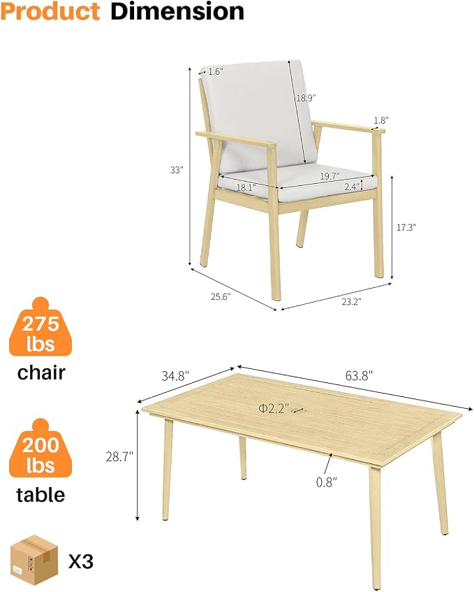 7 Pieces Outdoor Dining Set, Never-Rust Aluminum Patio Furniture Set with Umbrella Hole, All-Weather Outdoor Patio Dining Set for 6, Patio Table and Chair Set for Decks, Garden, Maple Wood