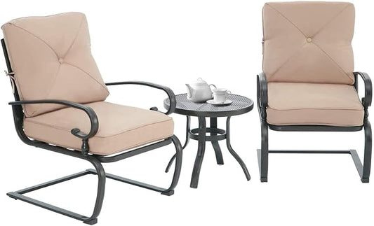 Outdoor 3 Pcs Patio Bistro Spring Set Motion Metal Lounge Chairs and Round Table, Frame Conversation Set with Washable Cushions, Brown
