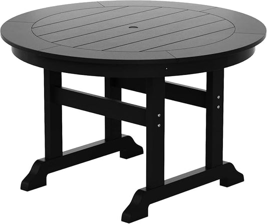 WestinTrends Malibu Patio Dining Table, All Weather Poly Lumber Adirondack 47" Trestle Round Outdoor Table with Umbrella Hole, Black
