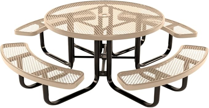 COATEDOUTDOORFURNITURE Heavy-Duty Portable Outdoor Kids Table with Umbrella Hole, Expanded Metal Kids Picnic Table, Commercial-Grade, Made in America (46 in, Round, Childrens, Tan)