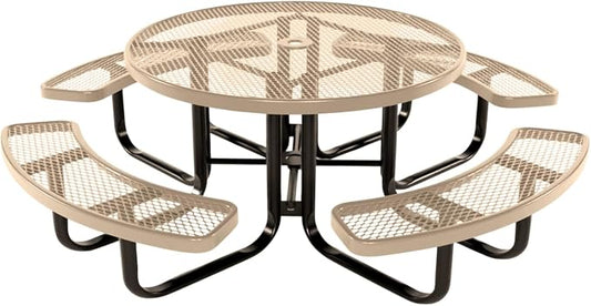 COATEDOUTDOORFURNITURE Heavy-Duty Portable Outdoor Kids Table with Umbrella Hole, Expanded Metal Kids Picnic Table, Commercial-Grade, Made in America (46 in, Round, Childrens, Tan)
