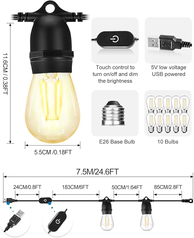 24.6Ft USB Powered String Lights,10 LED Bulb Waterproof&Shatterproof | Outdoor Camping String Light Dimmable Brightness with Swith for Tents,Patio,Backyard and Holidays,2700K Warm White