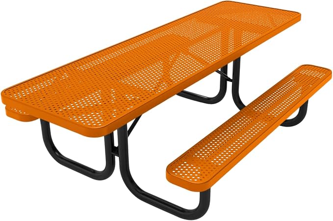 COATEDOUTDOORFURNITURE Heavy-Duty Portable ADA-Compliant Outdoor Picnic Table, Punched Steel Patio Dining Furniture Made in America (8ft Rectangular, Both-Side Handicap, Textured Orange)