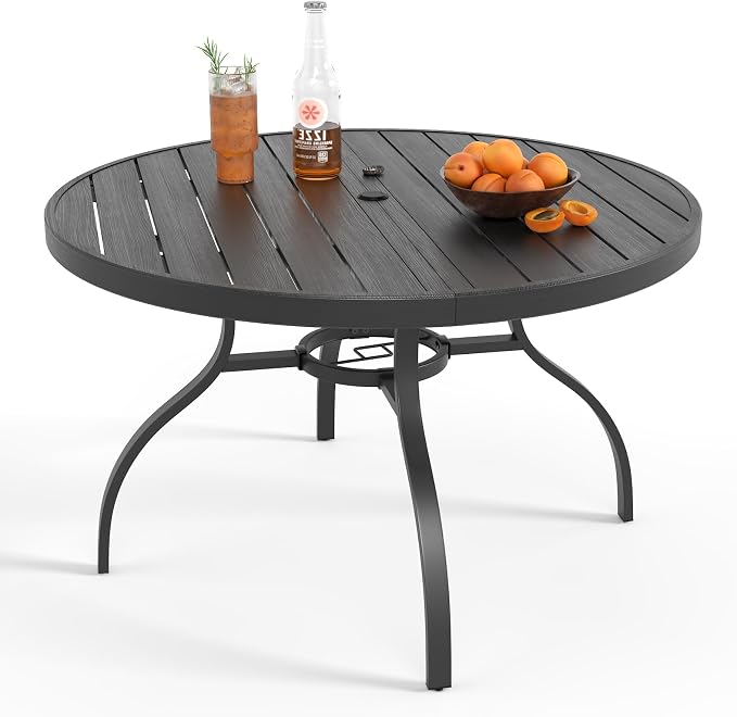 47" Round Outdoor Dining Table for 6, Metal Round Patio Table with Umbrella Hole, All-Weather Outdoor Patio Dining Table for Lawn Garden Deck Backyard (Black)