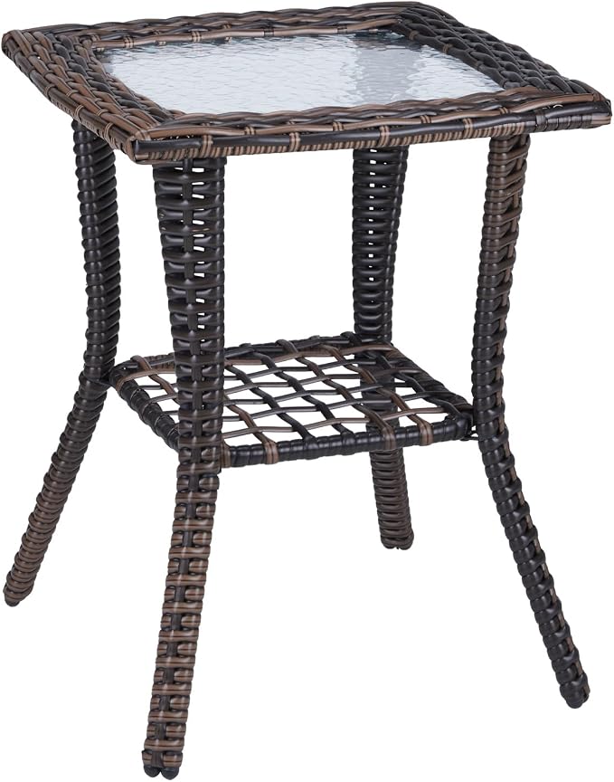 Outdoor Side Table with Storage Wicker Patio Side Table, Tempered Glass Top End Table for Balcony Porch Deck (Brown)