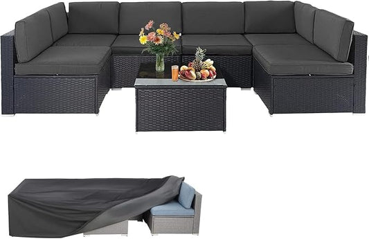 Betterland 7 Piece Outdoor Sectional Sofa Patio Furniture Set, All-Weather PE Rattan Wicker Patio Conversation Set with Washable Cushion, Glass Table and Waterproof Cover(Grey)