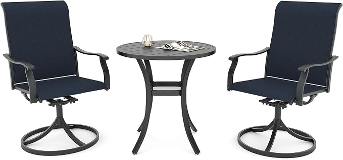 Anmutig Small Outdoor Patio Dining Set, 27.5 Inch Round Table with 2 Navy Blue Textilene Swivel Rocker Chairs - Retro Armrest Style1