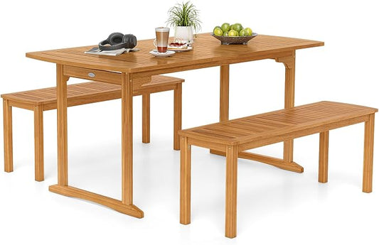 HAPPYGRILL 3 Pieces Acacia Wood Outdoor Dining Set for 4 People, Patio Table & Bench Set with Umbrella Hole, Outside Picnic Furniture