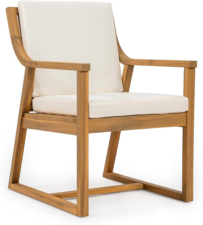 Merax 7 Pieces Outdoor Dining Set for 6 People, Acacia Wood Patio Furniture Sets with Round Table and Six Cushioned Chairs for Backyard, Garden, Lawn, Poolside, Tabletop with Umbrella Hole, Light Teak
