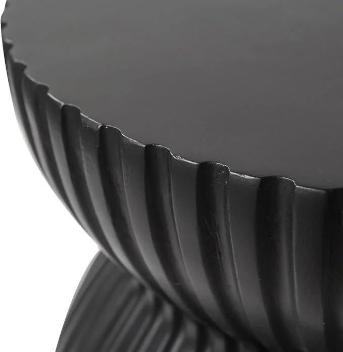 Mander Series Fiberstone Modern Side Table – Ribbed Hourglass Accent End Table for Indoor or Outdoor Use, Living Room, Bedroom, Patio - Black