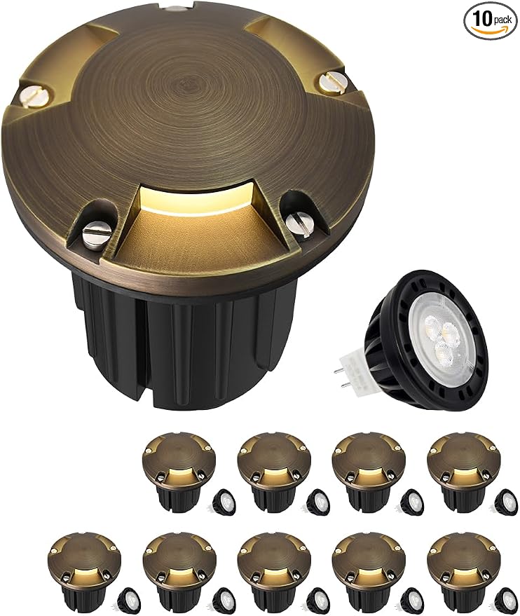 MALORY Brass Top Cover Landscape Well Lights,(φ126 mm) 12V Low Voltage Outdoor In Ground Lights,Landscape Lighting for Pathway, Driveway and Garden (Three-Direction Turret, 10-Pack with Bulb)