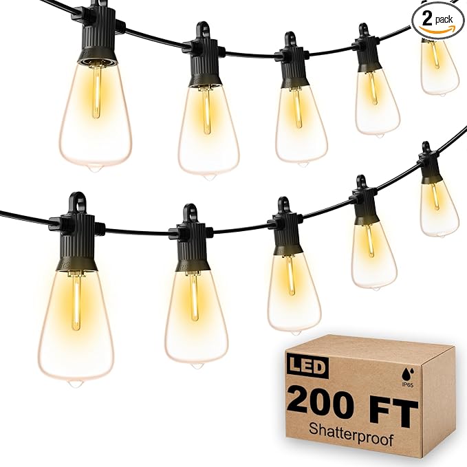 FOOMAN LED Outdoor String Lights, 200FT Outside Waterproof Patio Lights with 100+4 Shatterproof ST38 Edison Bulbs, 2700K Warm White Hanging Light, Dimmable Light for Backyard Porch Gazebo(100FT x 2)