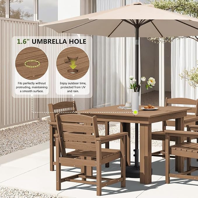 KINGYES HDPE Outdoor Dining Set for 4 with Umbrella, 6-Piece Square Patio Table & Armchairs, All-Weather for Backyard, Garden, Lawn & Poolside, Brown