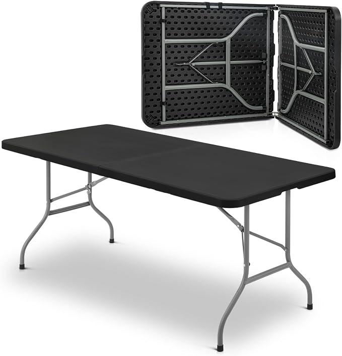 Plastic Folding Camping Table, Indoor Outdoor Collapsible Rectangle Dining Table, Portable Fold-in-Half Utility Table w/Handle for Party Wedding, Black, 72 Inch