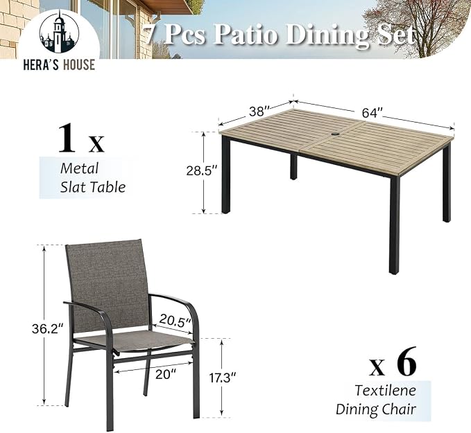 HERA'S HOUSE 7pc Outdoor Patio Dining Set, Wood-Look Metal Table, Brown | 64" rectangular table with umbrella hole, 6 textilene chairs. Waterproof, rust-resistant, all-weather for backyard, porch