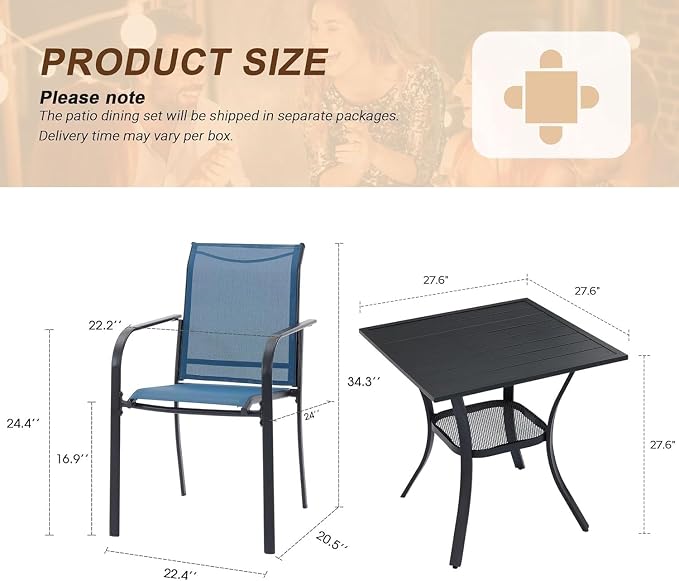VICLLAX 3 Pieces Patio Outdoor Dining Set, 28" Square Metal Table and 2 Stackable Textilene Chairs for Patio, Lawn, Garden, Porch, Black/Dark Blue