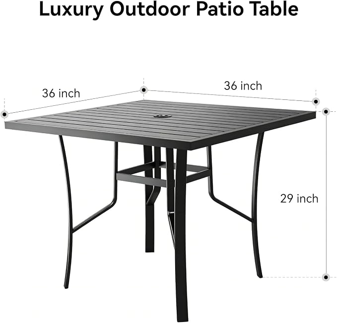 5 Pieces Outdoor Dining Table 36"x36" + Patio Dining Chair Set, Square Patio Dining Table and Chairs with Stable Metal Frame for Garden, Backyard and Porch, Umbrella Hole Design, Suitable for 4 People