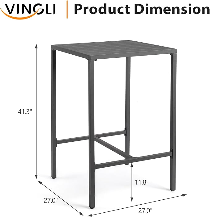 VINGLI 27 Inch Outdoor Bar Table, All-Weather Aluminum Patio Balcony Pub Table for Pool, Blacony, Yard (Gray)