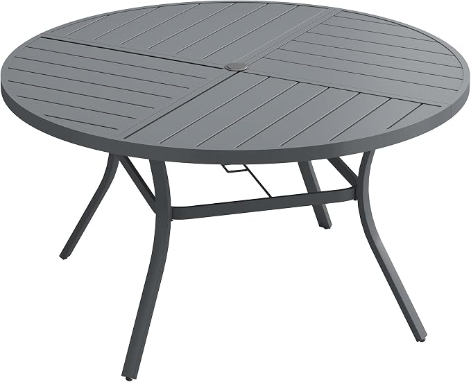 VICLLAX 53" Round Outdoor Table, Patio Dining Table for 8 with Umbrella Hole for Garden Lawn Deck Backyard, Dark Grey