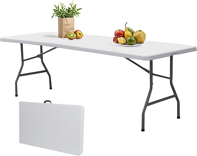 Folding Event Table, Heavy Duty Picnic Table Indoor Outdoor Camping, 8FT Portable w Handle Lock for Banquet, White