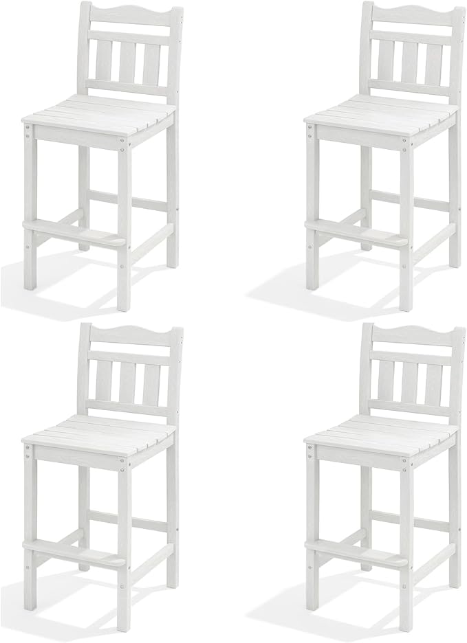 Outdoor Bar Stools Set of 4, HDPE Adirondack Bar Chairs with Backs, All-Weather High Top Patio Chairs, Heavy Duty Armless Bar Height Chair for Balcony, Garden, Deck (White, 4pcs Set)