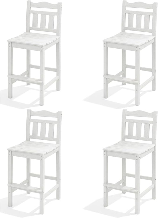 Outdoor Bar Stools Set of 4, HDPE Adirondack Bar Chairs with Backs, All-Weather High Top Patio Chairs, Heavy Duty Armless Bar Height Chair for Balcony, Garden, Deck (White, 4pcs Set)