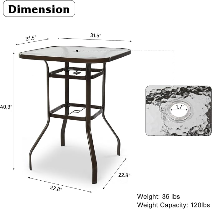 Bonnlo Patio Bar Table with Umbrella Hole, Metal Outdoor Pub Table, High Top Bistro Table for Deck