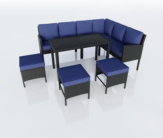 7 Pieces Outdoor Dining Set, Wicker Conversation Patio Furniture with Glass Table, L-Shaped PE Rattan Sectional Sofa Seating with Ottomans for Outside, Backyard, Balcony, Garden, Blue Cushions