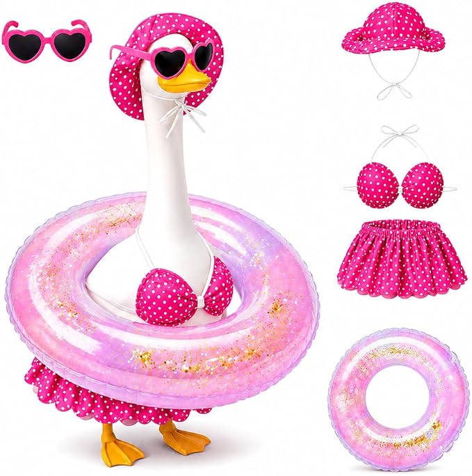 Hawaiian Porch Goose Outfit with Sunglasses & Wreath, Goose Summer Outfit Porch Goose Bikini Clothes Costume Fits 23" Geese Statue, Summer Garden Lawn Patio Yard Outdoor Decor (Summer style-Pink)