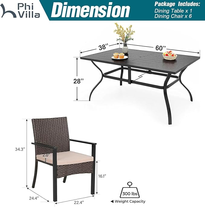 PHI VILLA 7 Piece Patio Dining Set, 60” Rectangular Table, Rattan Chairs | Outdoor Dining Set for 6, Metal Dining Table with Umbrella Hole, Wicker Chairs with Cushions for Patio, Deck, Porch